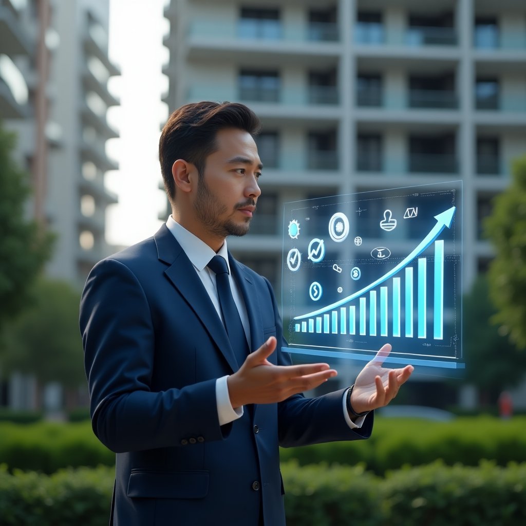 (Ultra-realistic condominium manager in a navy blue executive suit, set in a modern luxury condominium environment with high-rise buildings and lush green landscaping, mid-shot analyzing a holographic chart of declining expenses with floating icons of coins, graphs and digital tools symbolizing cost reduction, confident and thoughtful expression, cinematic lighting, shallow depth of field, highly detailed textures, realistic skin, photographic realism, 8k resolution --ar 1:1 --v 6)