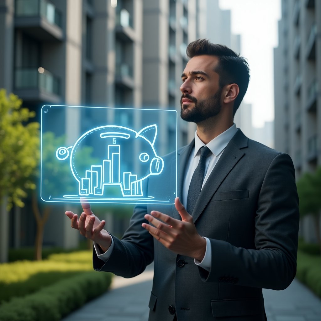 (Ultra-realistic condominium manager in a dark gray suit, set in a modern luxury condominium environment with high-rise buildings and lush green landscaping, holding a transparent holographic chart displaying cost-reduction strategies, confident and thoughtful expression, floating piggy bank icon hologram beside, cinematic lighting, shallow depth of field, highly detailed textures, realistic skin, photographic realism, 8k resolution --ar 1:1 --v 6)