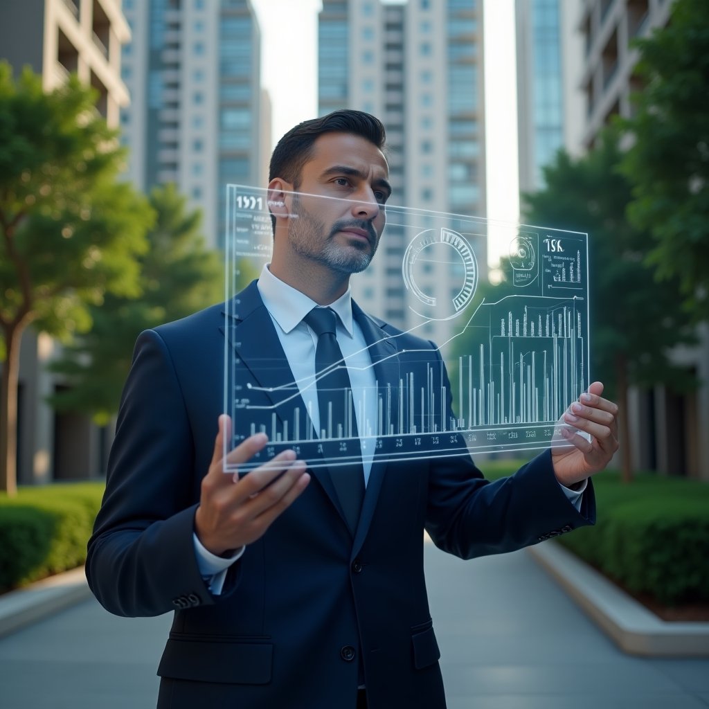 Ultra-realistic condominium manager in a tailored navy suit, set in a modern luxury condominium environment with high-rise buildings and lush green landscaping, mid-shot of a confident professional analyzing holographic financial charts and icons representing the eight key performance indicators, cinematic lighting, shallow depth of field, highly detailed textures, realistic skin, photographic realism, 8k resolution --ar 1:1 --v 6
