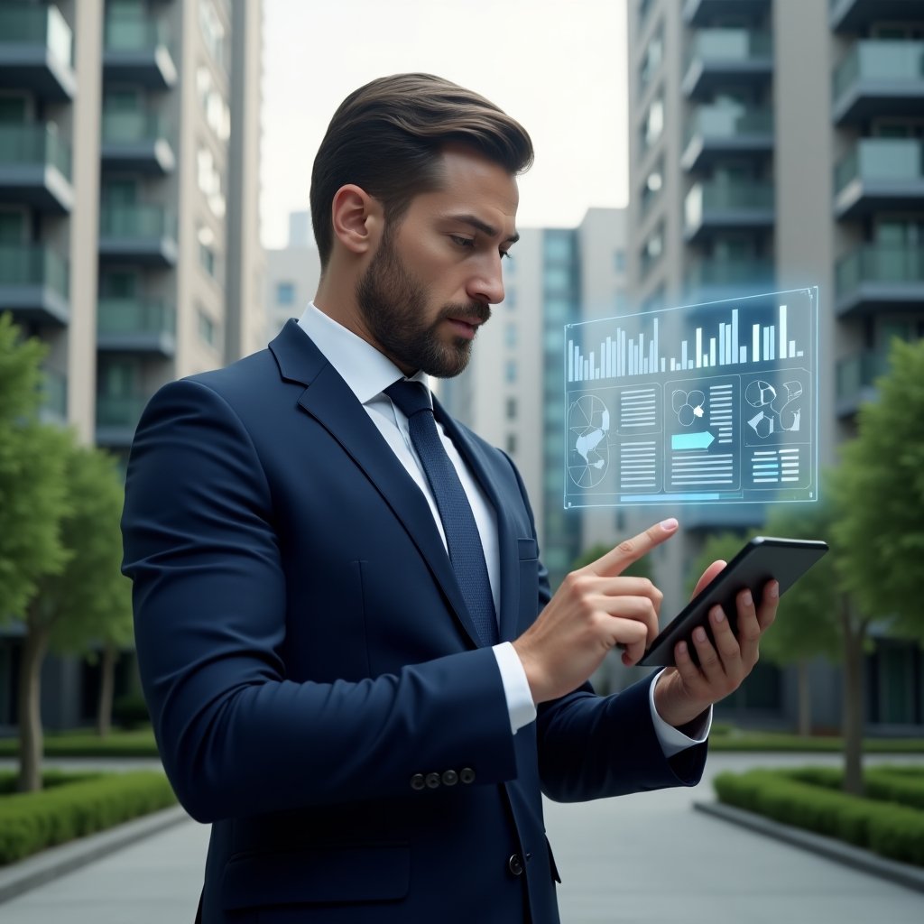 Ultra-realistic condominium manager in a navy blue suit, set in a modern luxury condominium environment with high-rise buildings and green landscaping, reviewing a financial report on a tablet while pointing at floating holographic pie and bar charts, focused and confident expression, cinematic lighting, shallow depth of field, highly detailed textures, realistic skin, photographic realism, 8k resolution --ar 1:1 --v 6