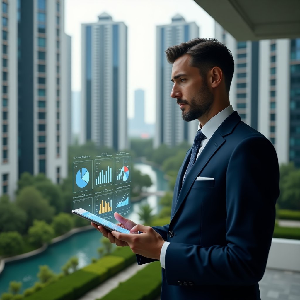 Ultra-realistic condominium manager in a navy tailored suit, set in a modern luxury condominium environment with high-rise buildings and manicured green landscaping, standing in a medium shot reviewing a holographic financial dashboard with floating pie charts and budget icons, confident and focused expression, cinematic lighting, shallow depth of field, highly detailed textures, realistic skin, photographic realism, 8k resolution --ar 1:1 --v 6
