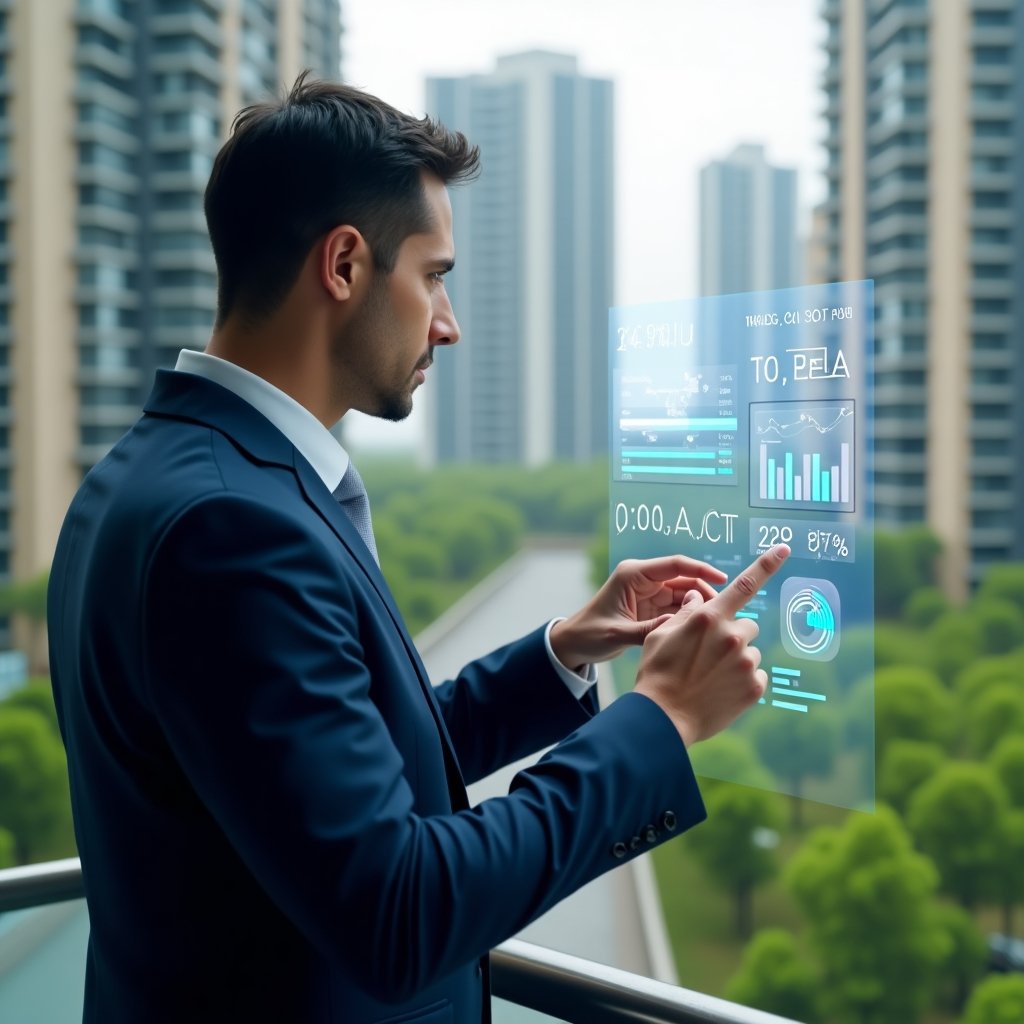 Ultra-realistic condominium manager in a tailored navy blue suit, set in a modern luxury condominium environment with high-rise buildings and lush green landscaping, reviewing a holographic financial dashboard with floating charts and graphs, confidently pointing at a digital ledger projection, cinematic lighting, shallow depth of field, highly detailed textures, realistic skin, photographic realism, 8k resolution --ar 1:1 --v 6