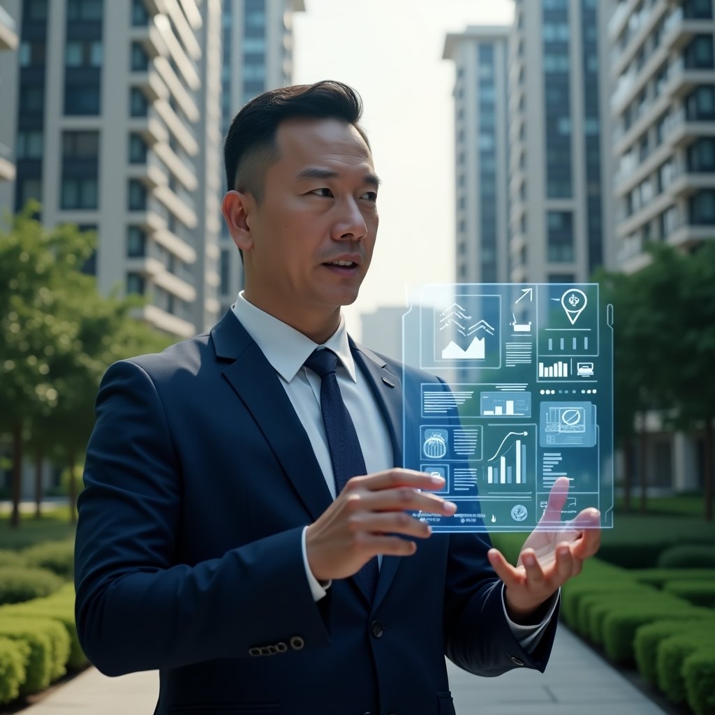 (Ultra-realistic condominium manager in a tailored navy blue suit, set in a modern luxury condominium environment with high-rise buildings and meticulously landscaped greenery, interacting with a floating holographic dashboard displaying charts, finance symbols and communication icons, confident and focused expression, cinematic lighting, shallow depth of field, highly detailed textures, realistic skin, photographic realism, 8k resolution --ar 1:1 --v 6)