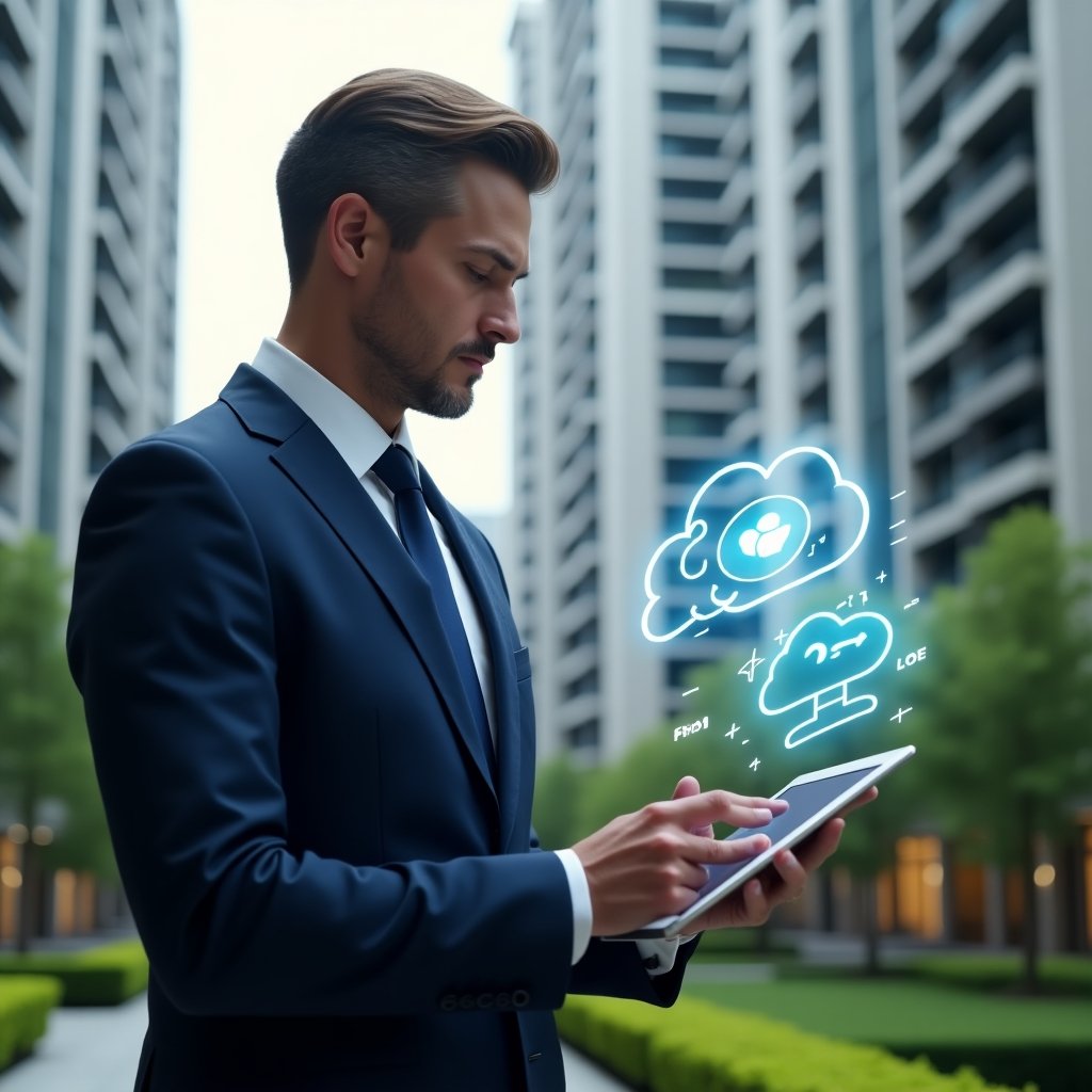 Ultra-realistic condominium manager in a navy executive suit, set in a modern luxury condominium environment with high-rise buildings and manicured green landscaping, holding a transparent tablet displaying a holographic cloud-based management dashboard, confidently tapping on floating **cloud** and **app** icons, cinematic lighting, shallow depth of field, highly detailed textures, realistic skin, photographic realism, 8k resolution --ar 1:1 --v 6