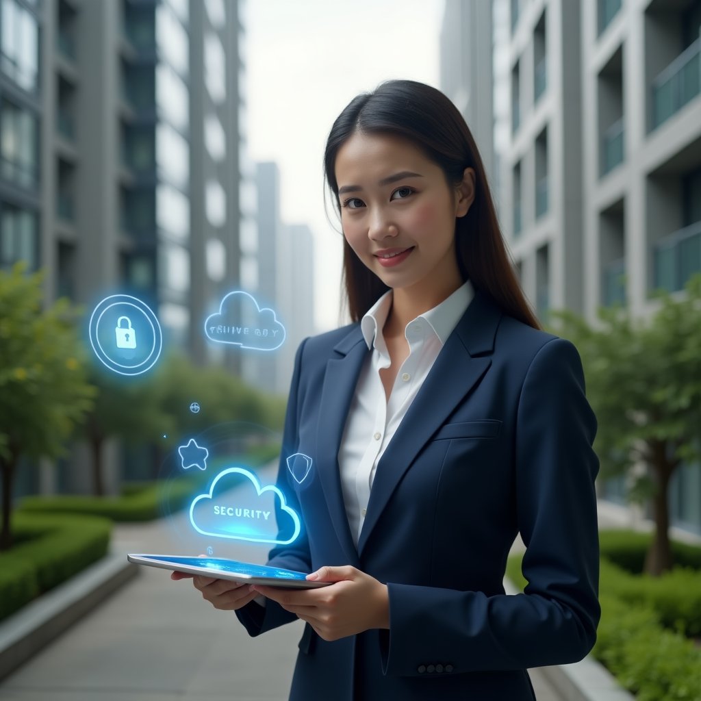 Ultra-realistic condominium manager in a tailored navy-blue suit, set in a modern luxury condominium environment with high-rise buildings and manicured green gardens, holding a tablet displaying a holographic cloud-based management dashboard, confident expression, floating icons of cloud, security shield and chat bubbles around her, cinematic lighting, shallow depth of field, highly detailed textures, realistic skin, photographic realism, 8k resolution --ar 1:1 --v 6