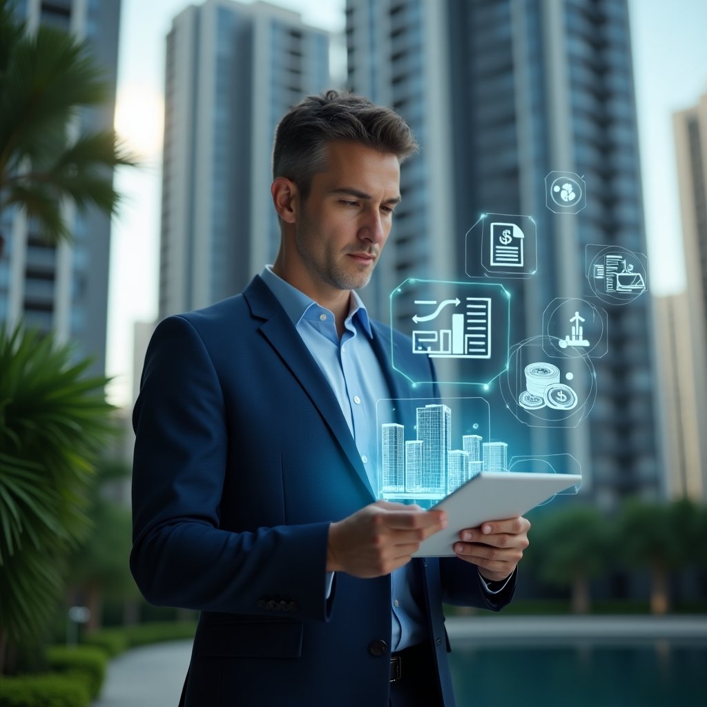 Ultra-realistic condominium manager in a navy blue suit, set in a modern luxury condominium environment with high-rise buildings and lush green landscaping, thoughtfully analyzing a floating holographic financial report with charts and graphs, surrounded by holographic icons of coins and documents, cinematic lighting, shallow depth of field, highly detailed textures, realistic skin, photographic realism, 8k resolution --ar 1:1 --v 6