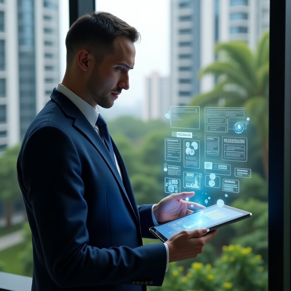 Ultra-realistic condominium manager in a navy blue suit, set in a modern luxury condominium environment with high-rise buildings and meticulously landscaped greenery, holding a transparent tablet with floating holographic charts and icons representing digital workflows, confidently interacting with a virtual interface of messages and financial dashboards, cinematic lighting, shallow depth of field, highly detailed textures, realistic skin, photographic realism, 8k resolution --ar 1:1 --v 6