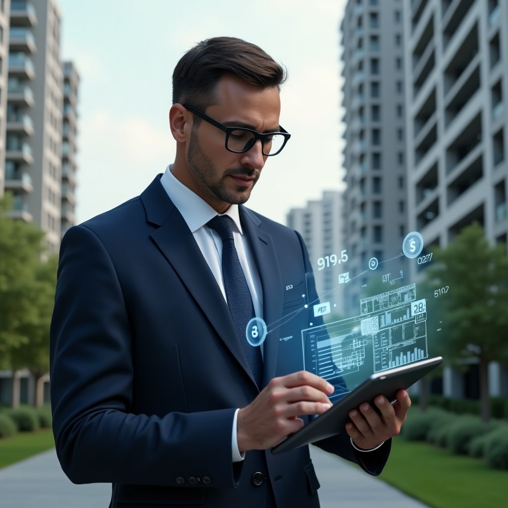 Ultra-realistic condominium manager in a tailored navy suit, set in a modern luxury condominium environment with high-rise buildings and manicured green landscaping, holding a digital tablet displaying holographic floor plans and data charts, reviewing smart building analytics with a confident, focused expression, floating icons of rules and conflict resolution symbols around the tablet, cinematic lighting, shallow depth of field, highly detailed textures, realistic skin, photographic realism, 8k resolution --ar 1:1 --v 6