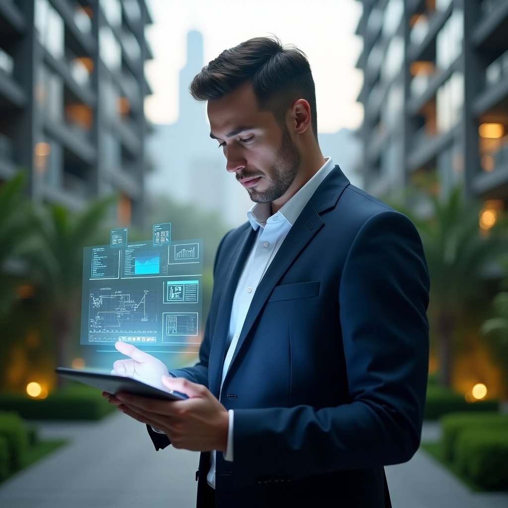 Ultra-realistic new condo manager in a navy executive suit, set in a modern luxury condominium environment with high-rise buildings and meticulously landscaped gardens, reviewing a holographic financial dashboard projected above a tablet, confident and focused expression, holographic icons of budgets and legal documents floating around, cinematic lighting, shallow depth of field, highly detailed textures, realistic skin, photographic realism, 8k resolution --ar 1:1 --v 6