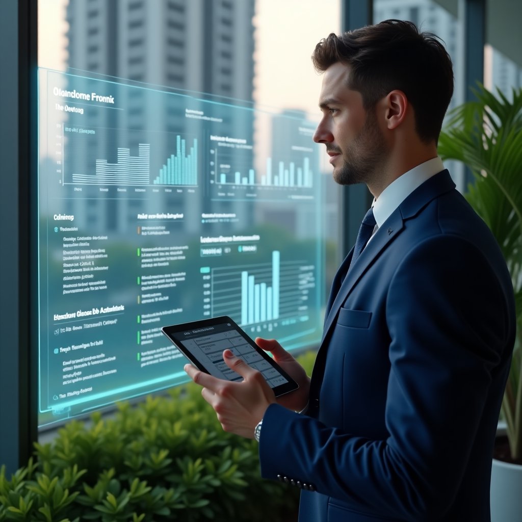 (Ultra-realistic condominium manager in a tailored navy suit, set in a modern luxury condominium environment with high-rise buildings and meticulously landscaped greenery, reviewing a holographic financial dashboard projected in front of them, holding a digital tablet that displays maintenance schedules, confident expression, cinematic lighting, shallow depth of field, highly detailed textures, realistic skin, photographic realism, 8k resolution --ar 1:1 --v 6)
