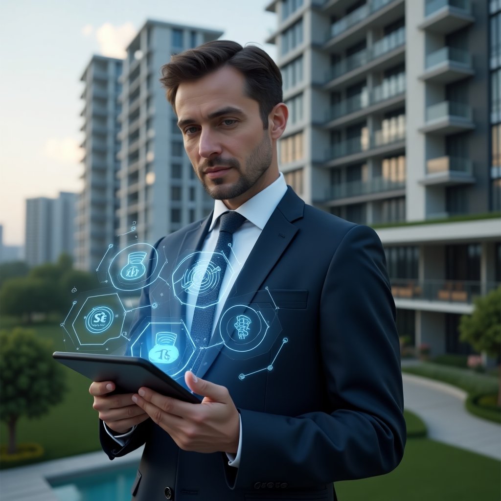 Ultra-realistic condominium manager in a navy blue suit, set in a modern luxury condominium environment with high-rise buildings and lush landscaping, holding a tablet displaying a floating holographic interface of an “app” with icons for security, messaging, finances and tasks, confidently analyzing data, cinematic lighting, shallow depth of field, highly detailed textures, realistic skin, photographic realism, 8k resolution --ar 1:1 --v 6