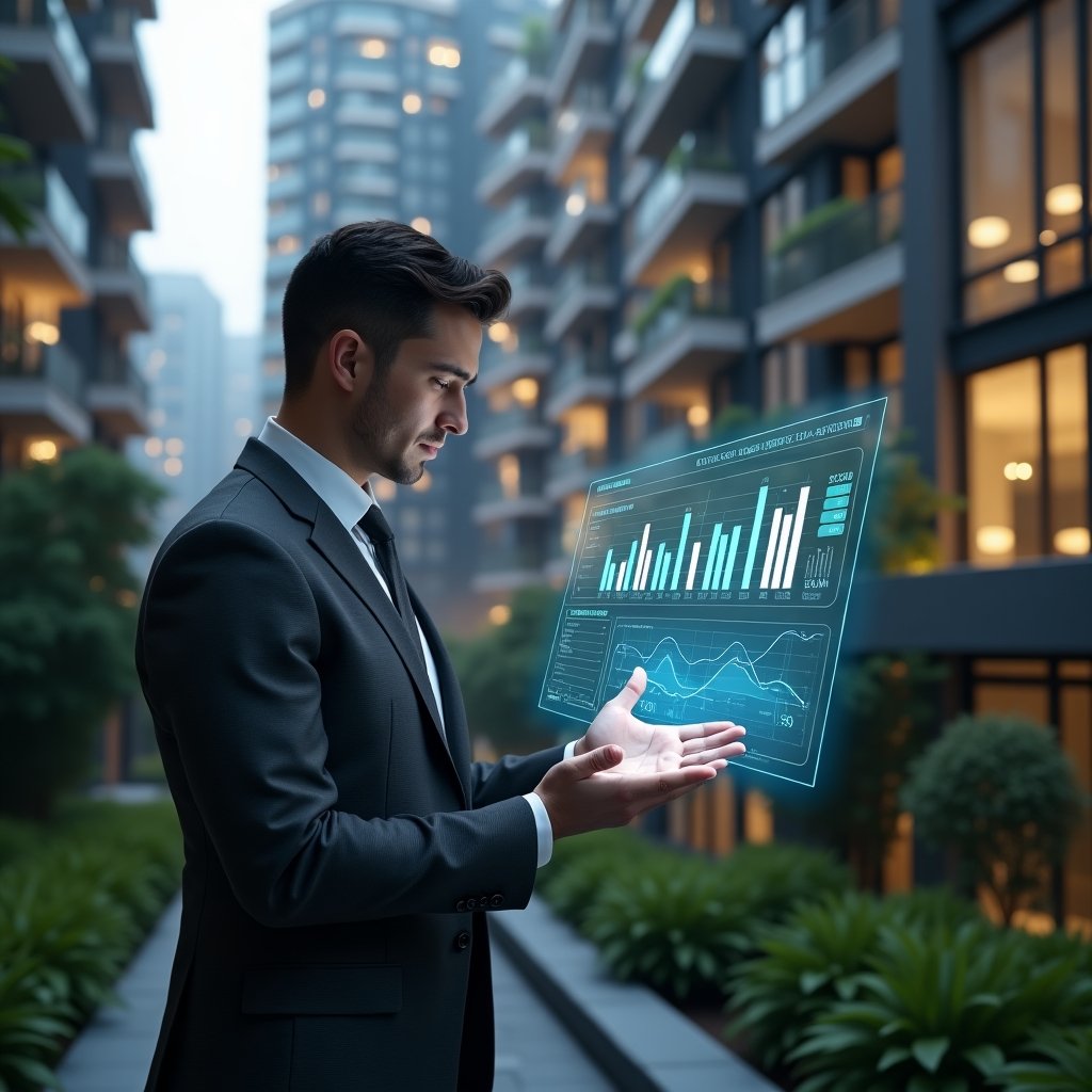 Ultra-realistic condominium manager in a dark gray executive suit, set in a modern luxury condominium environment with high-rise buildings and lush green landscaping, examining a holographic dashboard displaying vibrant bar charts and line graphs of key metrics, confident and focused expression, cinematic lighting, shallow depth of field, highly detailed textures, realistic skin, photographic realism, 8k resolution --ar 1:1 --v 6