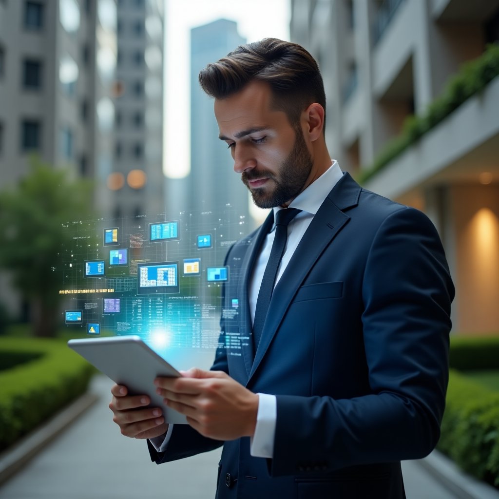Ultra-realistic condominium manager in a navy executive suit, set in a modern luxury condominium environment with high-rise buildings and meticulously manicured green spaces, holding a digital tablet projecting holographic spreadsheet cells on one side and colorful app icons on the other, thoughtful expression as they compare financial data, cinematic lighting, shallow depth of field, highly detailed textures, realistic skin, photographic realism, 8k resolution --ar 1:1 --v 6