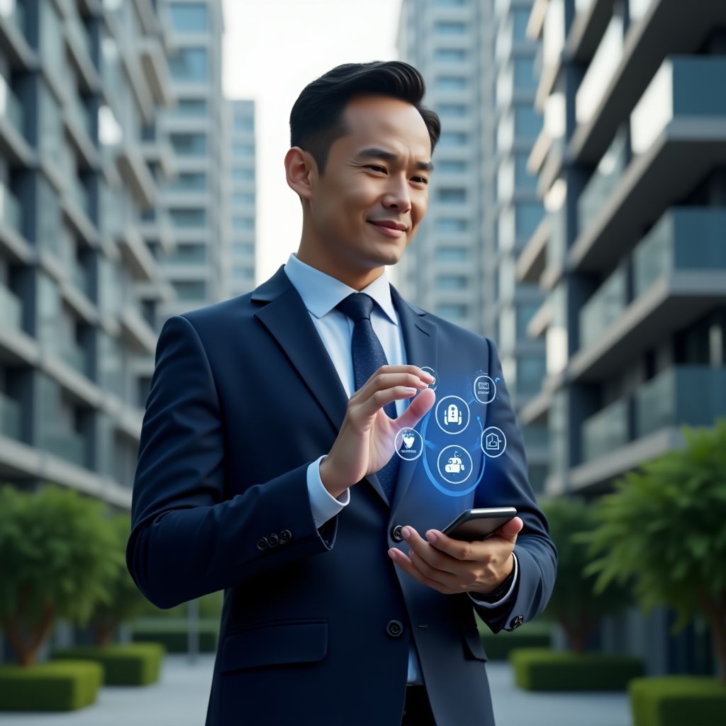 Ultra-realistic condominium property manager in a navy blue suit, set in a modern luxury condominium environment with high-rise buildings and lush green landscaping, medium shot of a confident manager interacting with a floating holographic condominium management dashboard, icons for scheduling, messaging and security orbiting around a smartphone, cinematic lighting, shallow depth of field, highly detailed textures, realistic skin, photographic realism, 8k resolution --ar 1:1 --v 6