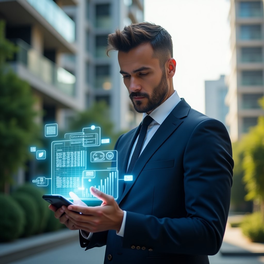 (Ultra-realistic property manager in a tailored navy suit, set in a modern luxury condominium environment with high-rise buildings and lush green landscaping, holding and comparing a glowing holographic mobile app interface and a translucent spreadsheet projection, floating app icons and data charts around, confident and analytical expression, cinematic lighting, shallow depth of field, highly detailed textures, realistic skin, photographic realism, 8k resolution --ar 1:1 --v 6)