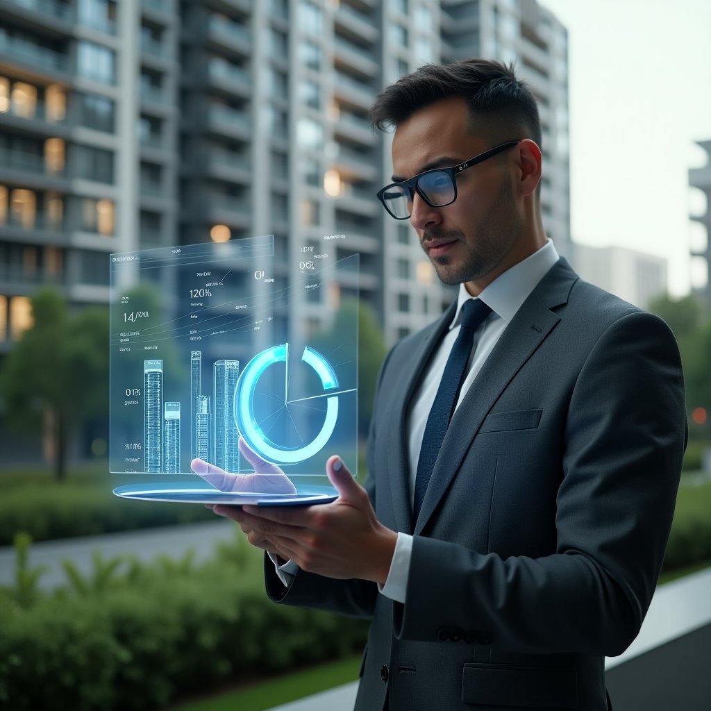 (Ultra-realistic condominium manager in a charcoal gray suit, set in a modern luxury condominium environment with high-rise buildings and green landscaping, examining a holographic pie-chart representing fração ideal calculations with a stylus in hand, holographic icons of buildings and percentages floating nearby, confident and focused expression, cinematic lighting, shallow depth of field, highly detailed textures, realistic skin, photographic realism, 8k resolution --ar 1:1 --v 6)