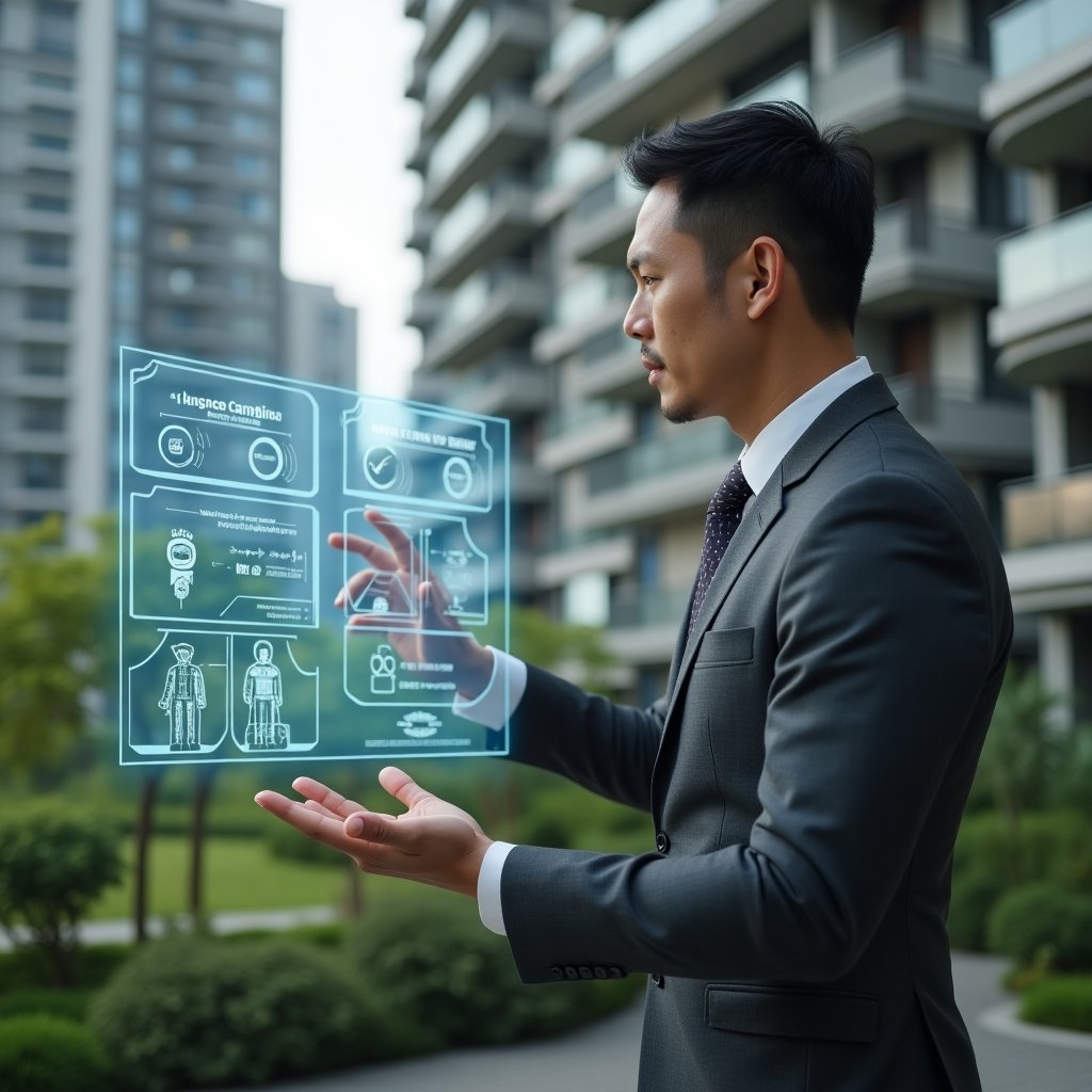 (Ultra-realistic condominium manager in a charcoal-gray executive suit, set in a modern luxury condominium environment with high-rise buildings and meticulously landscaped greenery, interacting confidently with a floating holographic control panel displaying security cameras, access locks, and energy meters, cinematic lighting, shallow depth of field, highly detailed textures, realistic skin, photographic realism, 8k resolution --ar 1:1 --v 6)