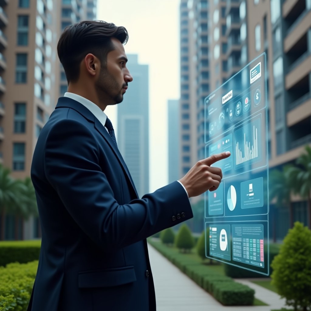 (Ultra-realistic condominium manager in a tailored navy suit, set in a modern luxury condominium environment with high-rise buildings and manicured green landscaping, interacting with a holographic dashboard displaying financial charts, chat bubbles, and maintenance icons, cinematic lighting, shallow depth of field, highly detailed textures, realistic skin, photographic realism, 8k resolution --ar 1:1 --v 6)