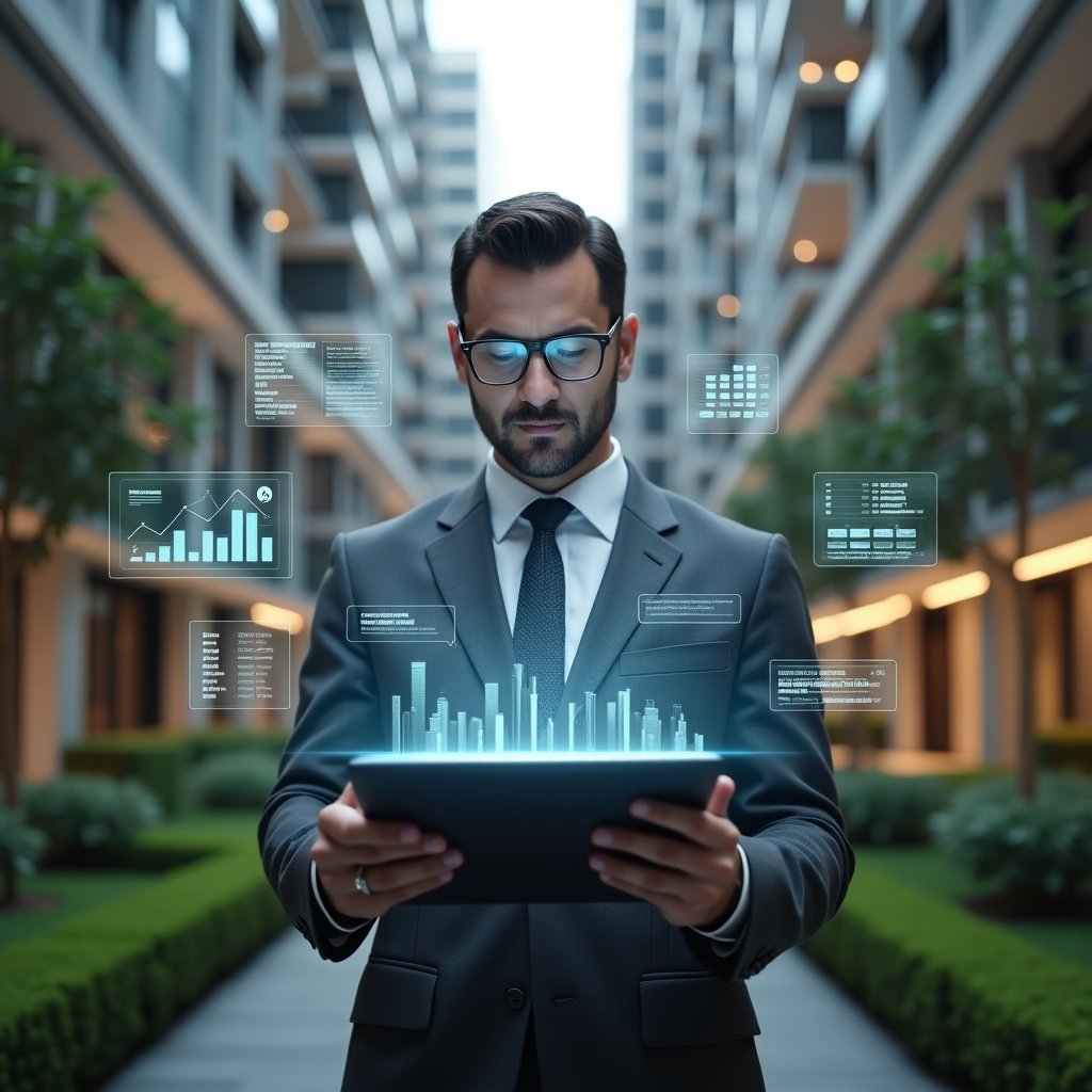 Ultra-realistic condominium manager in a charcoal gray suit, set in a modern luxury condominium environment with high-rise buildings and manicured green landscaping, reviewing a holographic financial checklist with confidence, floating transparent charts and icons of graphs and ledgers surrounding them, cinematic lighting, shallow depth of field, highly detailed textures, realistic skin, photographic realism, 8k resolution --ar 1:1 --v 6