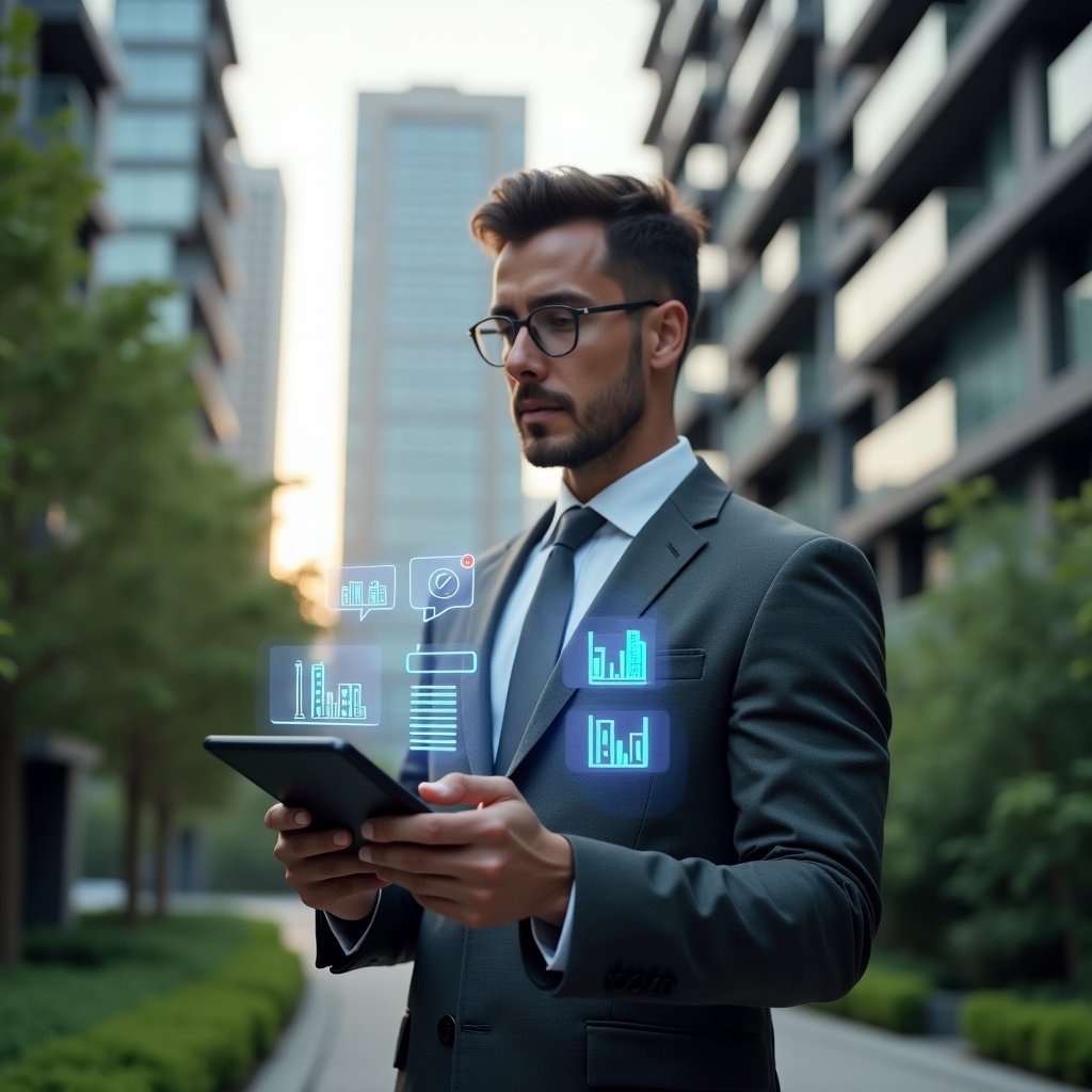 (Ultra-realistic condominium manager in a charcoal gray suit, set in a modern luxury condominium environment with high-rise buildings and manicured green landscaping, holding a holographic checklist tablet with glowing icons of buildings, financial charts and speech bubbles, confident expression as they review tasks, cinematic lighting, shallow depth of field, highly detailed textures, realistic skin, photographic realism, 8k resolution --ar 1:1 --v 6)