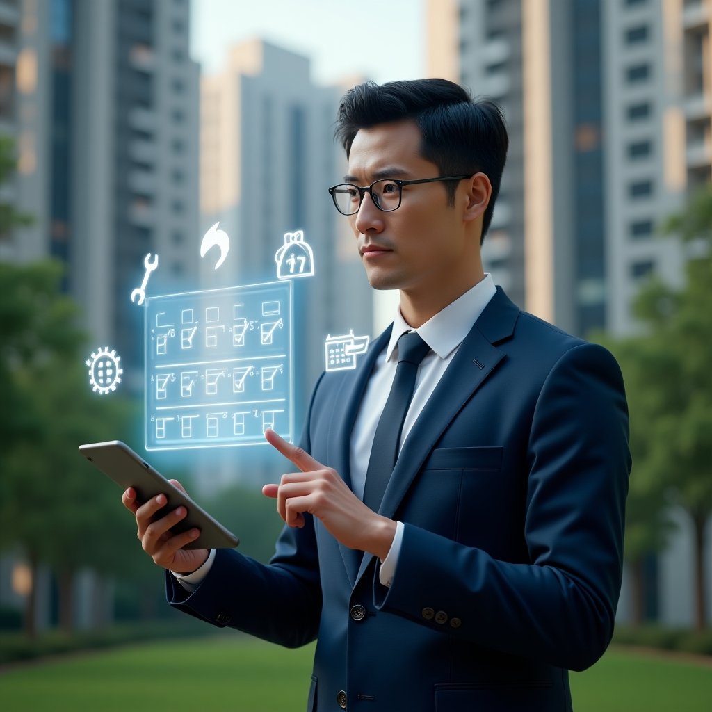 (Ultra-realistic condominium manager in a navy executive suit, set in a modern luxury condominium environment with high-rise buildings and lush green landscaping, holding a tablet projecting a holographic checklist calendar and maintenance icons, pointing thoughtfully at the schedule, surrounded by floating symbols of a wrench, calendar and assembly gavel, cinematic lighting, shallow depth of field, highly detailed textures, realistic skin, photographic realism, 8k resolution --ar 1:1 --v 6)