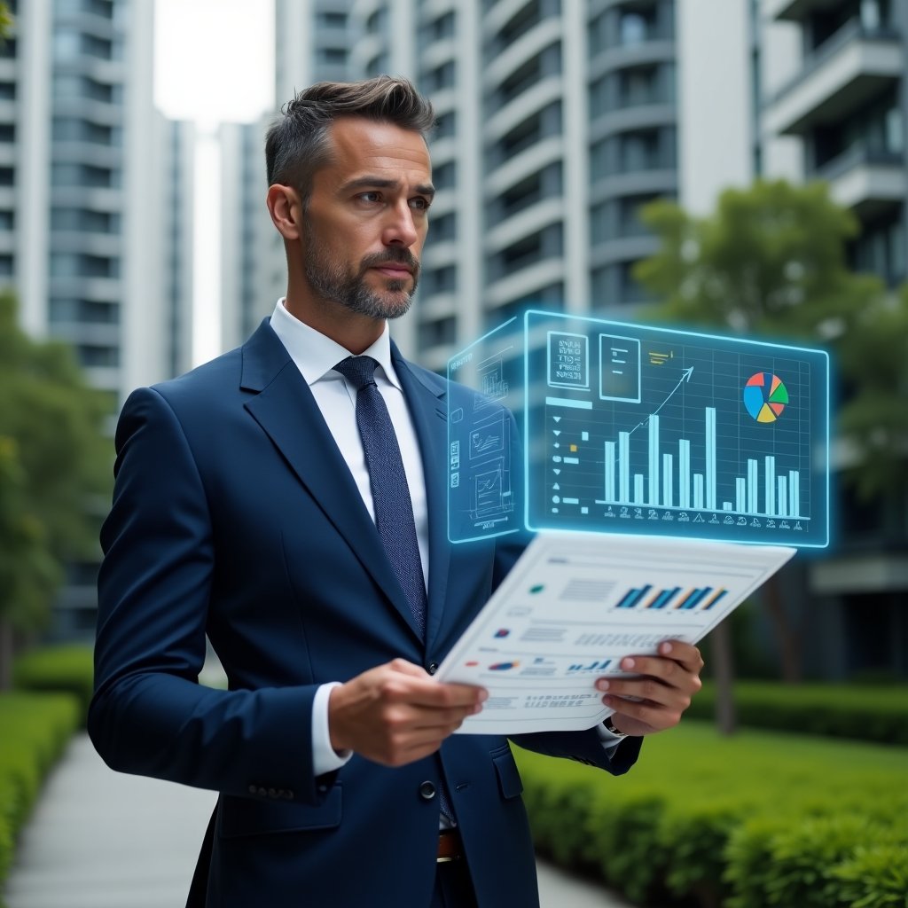 Ultra-realistic condominium manager in a navy blue tailored suit, set in a modern luxury condominium environment with high-rise buildings and lush green landscaping, holding and consulting a transparent holographic financial checklist chart, pointing at detailed bar and pie graphs with a confident, focused expression, holographic icons of balance sheets and financial reports floating beside, cinematic lighting, shallow depth of field, highly detailed textures, realistic skin, photographic realism, 8k resolution --ar 1:1 --v 6