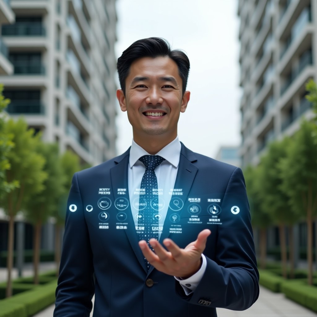 (Ultra-realistic condominium property manager in a navy executive suit, set in a modern luxury condominium environment with high-rise buildings and manicured greenery in the background, mid-shot holding a holographic annual schedule and floating checklist icons, confident and focused expression, cinematic lighting, shallow depth of field, highly detailed textures, realistic skin, photographic realism, 8k resolution --ar 1:1 --v 6)