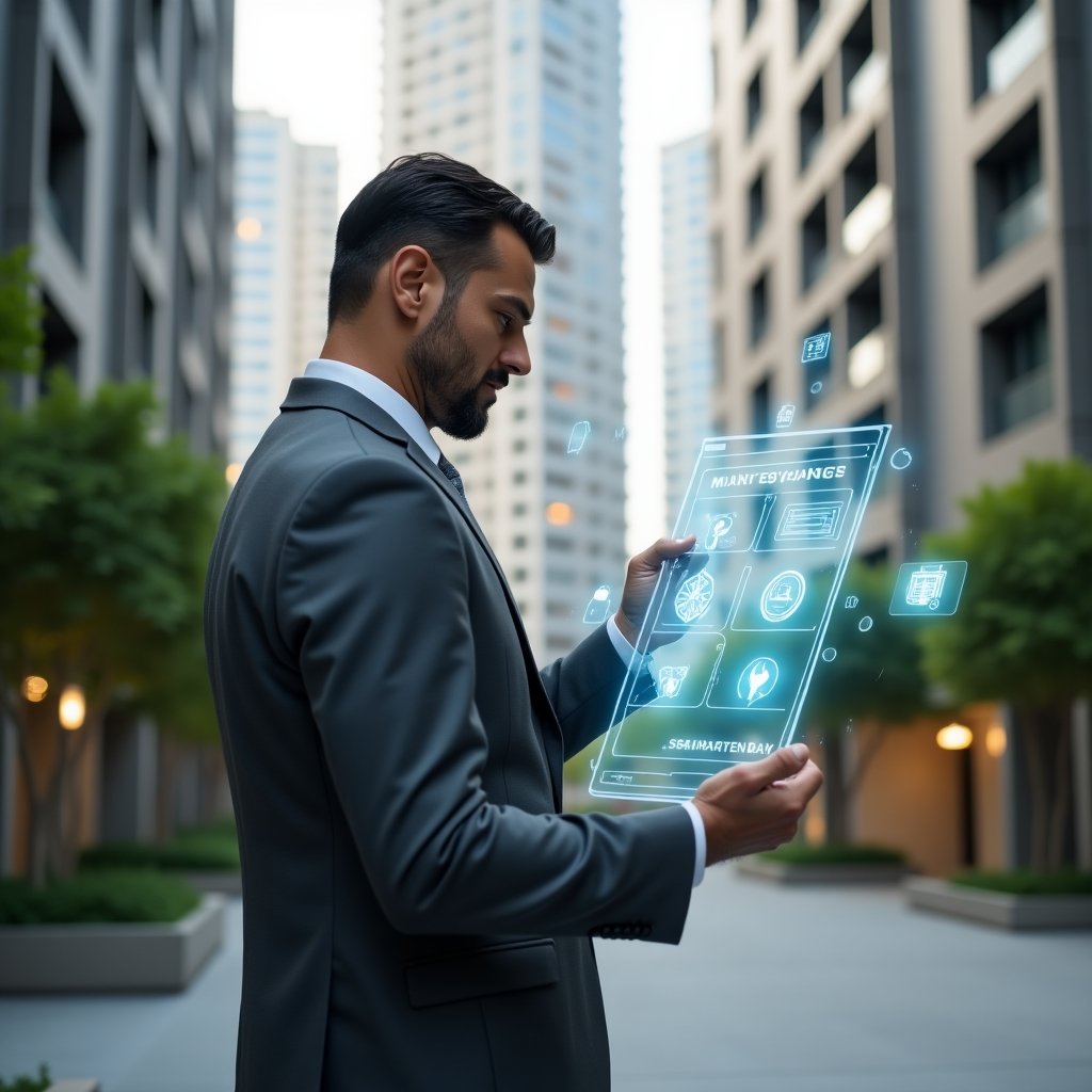 Ultra-realistic condominium property manager in a charcoal gray suit, standing in a modern luxury condominium courtyard with high-rise buildings and manicured greenery, holding a holographic checklist calendar interface displaying maintenance, assembly and event icons, focused and confident expression, symbolic floating icons of tools and calendar, cinematic lighting, shallow depth of field, highly detailed textures, realistic skin, photographic realism, 8k resolution --ar 1:1 --v 6