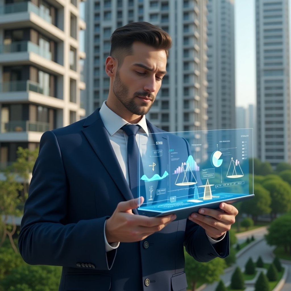 Ultra-realistic condominium manager in a navy blue executive suit, set in a modern luxury condominium environment with high-rise buildings and lush green landscaping, examining a holographic financial dashboard with floating pie charts and balance scales, confident and focused expression, cinematic lighting, shallow depth of field, highly detailed textures, realistic skin, photographic realism, 8k resolution --ar 1:1 --v 6