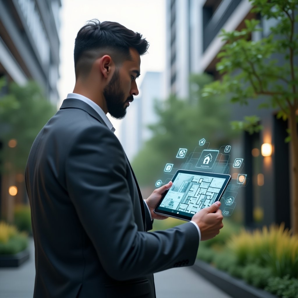 (Ultra-realistic condominium manager in a dark gray tailored suit, set in a modern luxury condominium environment with high-rise buildings and lush green landscaping, standing in a medium shot while reviewing a transparent holographic tablet displaying floor plans and notification icons, confident and focused expression, holographic condominium app symbols floating beside him, cinematic lighting, shallow depth of field, highly detailed textures, realistic skin, photographic realism, 8k resolution --ar 1:1 --v 6)