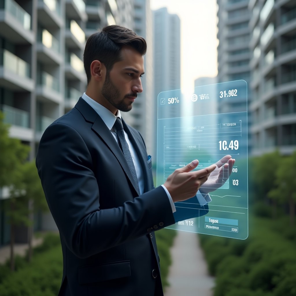 Ultra-realistic condominium manager in a dark navy suit, set in a modern luxury condominium environment with high-rise buildings and lush green landscaping, mid-shot of a confident professional reviewing a floating holographic budget chart and repair cost icons, calculator and coin symbols subtly integrated around them, cinematic lighting, shallow depth of field, highly detailed textures, realistic skin, photographic realism, 8k resolution --ar 1:1 --v 6