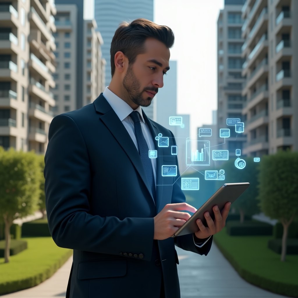 (Ultra-realistic condominium manager in a tailored navy suit, set in a modern luxury condominium environment with high-rise buildings and manicured green landscaping, holding a tablet displaying floating holographic icons of finance charts, chat bubbles, access control and reservation calendars, confidently analyzing the data, cinematic lighting, shallow depth of field, highly detailed textures, realistic skin, photographic realism, 8k resolution --ar 1:1 --v 6)