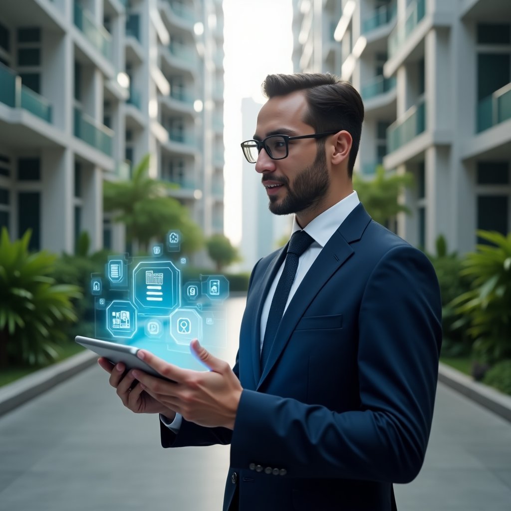 Ultra-realistic condominium manager in a navy tailored suit, set in a modern luxury condominium environment with high-rise buildings and green landscaping, confidently holding a digital tablet displaying holographic dashboards of finances, chat bubbles and security icons floating around, cinematic lighting, shallow depth of field, highly detailed textures, realistic skin, photographic realism, 8k resolution --ar 1:1 --v 6