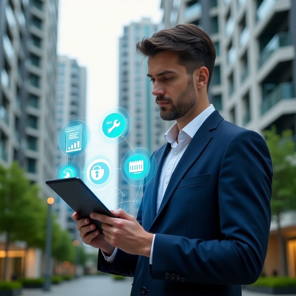 (Ultra-realistic condominium manager in a dark blue tailored suit, set in a modern luxury condominium environment with high-rise buildings and lush green landscaping, holding a tablet displaying holographic icons of chat bubbles, financial charts, security key, maintenance wrench, and calendar, confidently analyzing the digital interface, futuristic holographic overlays symbolizing an intuitive property management app, cinematic lighting, shallow depth of field, highly detailed textures, realistic skin, photographic realism, 8k resolution --ar 1:1 --v 6)