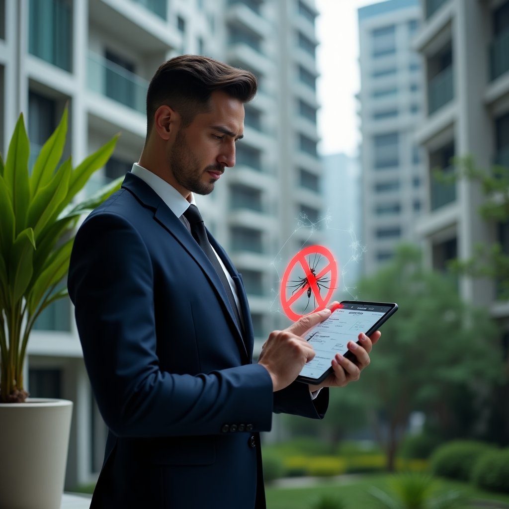 Ultra-realistic condominium manager in a navy executive suit, set in a modern luxury condominium environment with high-rise buildings and manicured green landscaping, inspecting a potted plant while holding a tablet displaying a holographic mosquito icon with a red “no” symbol, serious and focused expression, cinematic lighting, shallow depth of field, highly detailed textures, realistic skin, photographic realism, 8k resolution --ar 1:1 --v 6