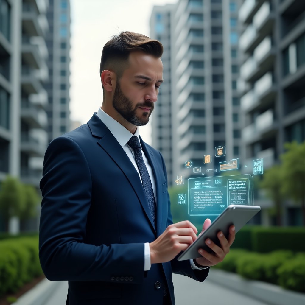 Ultra-realistic condominium manager in a dark blue executive suit, set in a modern luxury condominium environment with high-rise buildings and lush green landscaping, examining a holographic maintenance schedule projected from a tablet, thoughtful expression, subtle icons of tools and cost-saving graphs floating around, cinematic lighting, shallow depth of field, highly detailed textures, realistic skin, photographic realism, 8k resolution --ar 1:1 --v 6