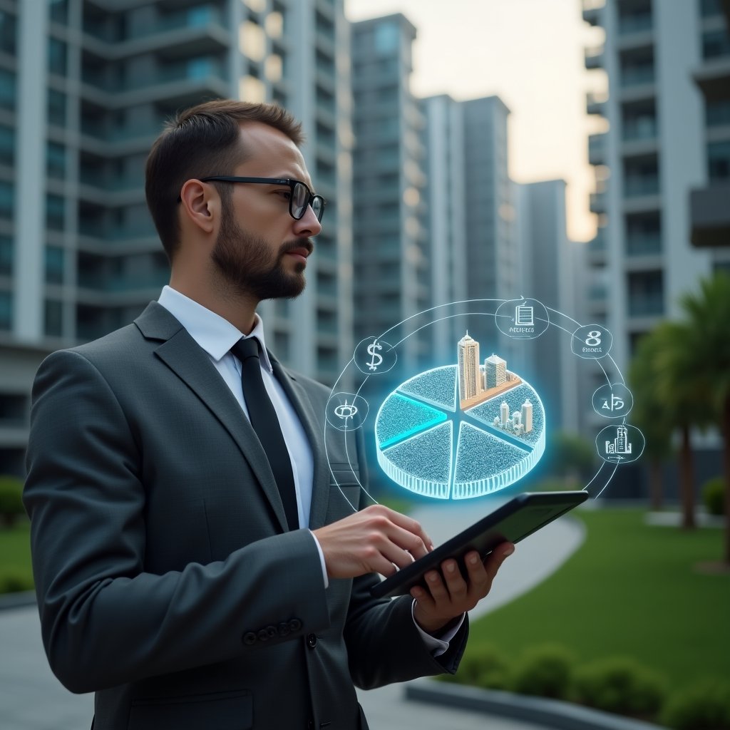 (Ultra-realistic condominium manager in a charcoal gray suit, set in a modern luxury condominium environment with high-rise buildings and manicured green landscaping, holding a holographic pie chart of unit fractions and condo fees, analyzing the fractional distribution with a focused expression, glowing holographic icons of buildings and currency symbols floating beside, cinematic lighting, shallow depth of field, highly detailed textures, realistic skin, photographic realism, 8k resolution --ar 1:1 --v 6)