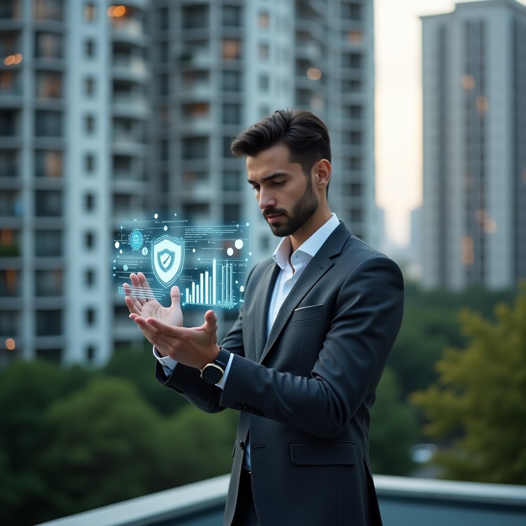 (Ultra-realistic condominium manager in a tailored charcoal gray suit, set in a modern luxury condominium environment with high-rise buildings and lush green landscaping, analyzing a floating holographic financial dashboard displaying charts and graphs, confident and focused expression, futuristic holographic icons of coins and a shield symbolizing security and fraud prevention, cinematic lighting, shallow depth of field, highly detailed textures, realistic skin, photographic realism, 8k resolution --ar 1:1 --v 6)
