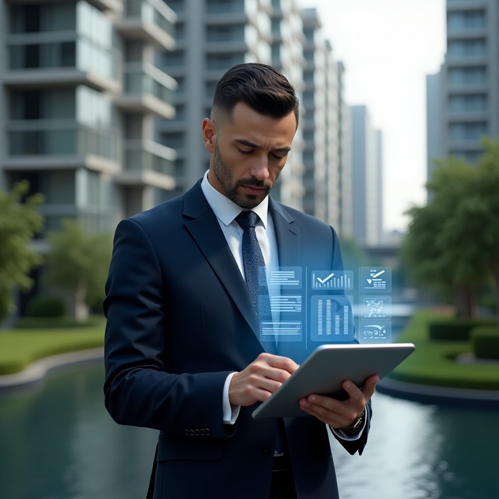 (Ultra-realistic condominium manager in a navy tailored suit, set in a modern luxury condominium environment with high-rise buildings and manicured gardens, examining a transparent tablet displaying floating holographic financial reports and approval checkmarks, confident and focused expression, cinematic lighting, shallow depth of field, highly detailed textures, realistic skin, photographic realism, 8k resolution --ar 1:1 --v 6)