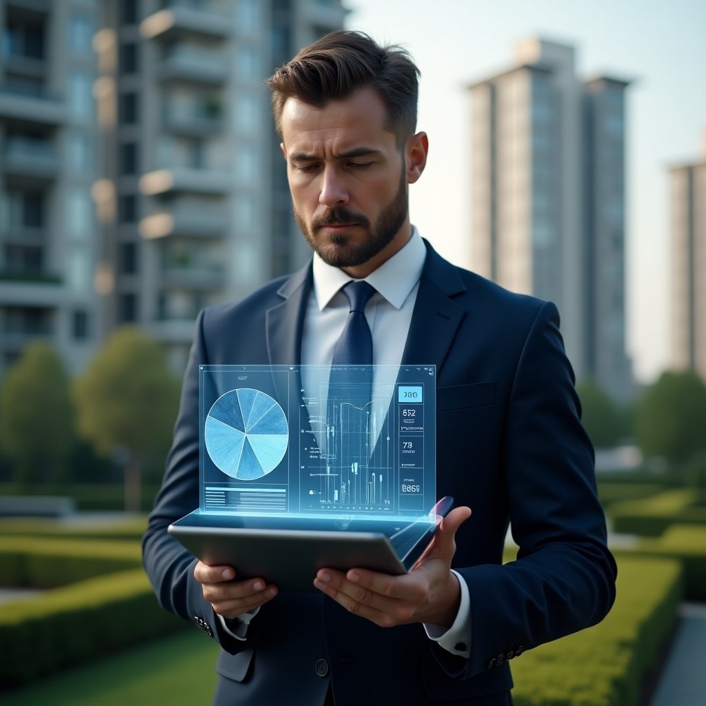 Ultra-realistic condominium manager in a tailored navy suit, set in a modern luxury condominium environment with high-rise buildings and meticulously landscaped gardens, mid-shot close-up of the manager reviewing a holographic pie chart and digital spreadsheet floating above a transparent tablet, symbolizing fair and transparent fraction calculations, thoughtful and confident expression, cinematic lighting, shallow depth of field, highly detailed textures, realistic skin, photographic realism, 8k resolution --ar 1:1 --v 6