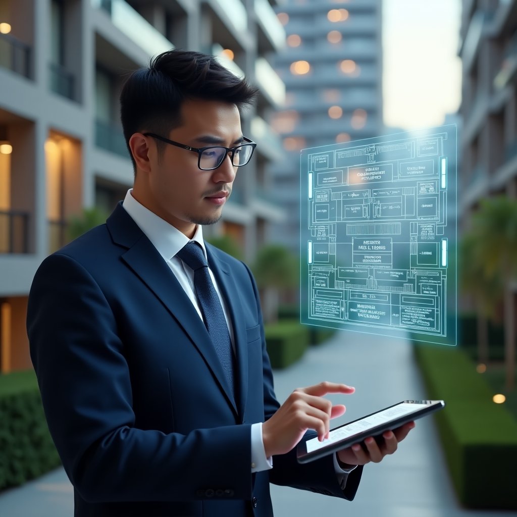 Ultra-realistic condominium manager in a navy executive suit, set in a modern luxury condominium environment with high-rise buildings and meticulously landscaped gardens, reviewing a floating holographic floor-plan chart and percentage calculations, holding a digital tablet displaying fraction ideal formulas, cinematic lighting, shallow depth of field, highly detailed textures, realistic skin, photographic realism, 8k resolution --ar 1:1 --v 6