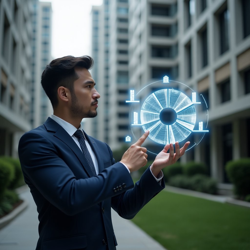 (Ultra-realistic condominium manager in a navy blue suit, set in a modern luxury condominium environment with high-rise buildings and manicured green landscaping, examining a floating holographic pie chart that illustrates unit fractions, pointing thoughtfully at the segmented diagram, confident and analytical expression, symbolic holographic icons of buildings and percentage symbols around, cinematic lighting, shallow depth of field, highly detailed textures, realistic skin, photographic realism, 8k resolution --ar 1:1 --v 6)