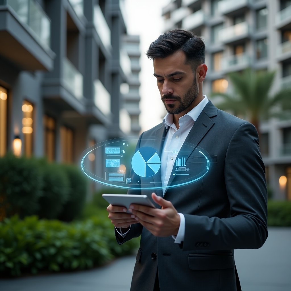 (Ultra-realistic condominium manager in a dark gray executive suit, set in a modern luxury condominium environment with high-rise buildings and manicured green landscaping, medium close-up, holding a tablet displaying a holographic pie chart of unit fractions, analyzing the distribution with a thoughtful, confident expression, holographic fractional pie chart floating above the tablet symbolizing ideal fraction calculation and conflict prevention, cinematic lighting, shallow depth of field, highly detailed textures, realistic skin, photographic realism, 8k resolution --ar 1:1 --v 6)