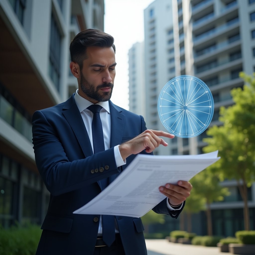 (Ultra-realistic condominium manager in a navy blue suit, set in a modern luxury condominium environment with high-rise buildings and green landscaping, examining a digital blueprint while pointing at a floating holographic pie chart showing unit fractions, confident expression, cinematic lighting, shallow depth of field, highly detailed textures, realistic skin, photographic realism, 8k resolution --ar 1:1 --v 6)