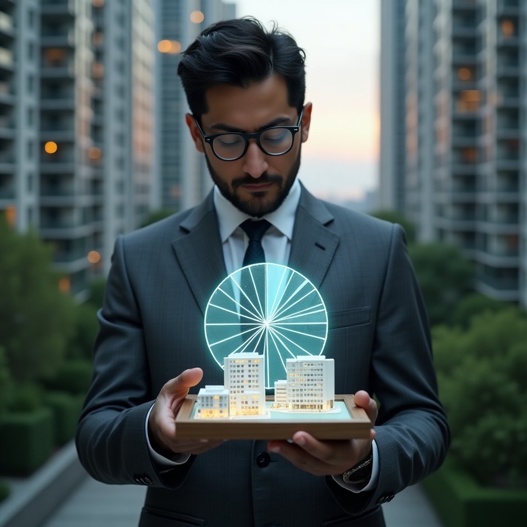 (Ultra-realistic condominium manager in a charcoal gray suit, set in a modern luxury condominium environment with high-rise buildings and green landscaping, analyzing a holographic pie chart representing unit fractions, fractional ideal projection glowing above a miniature building model, confident and focused expression, cinematic lighting, shallow depth of field, highly detailed textures, realistic skin, photographic realism, 8k resolution --ar 1:1 --v 6)