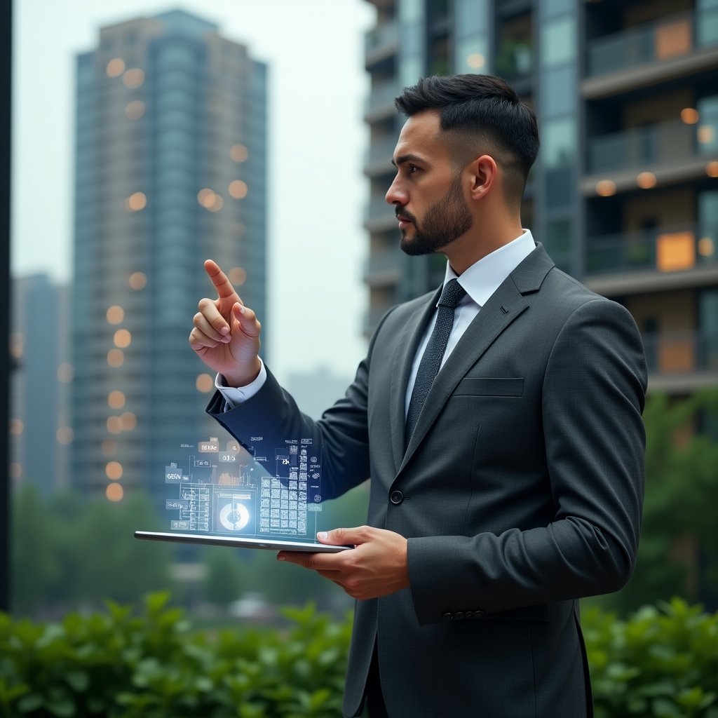 Ultra-realistic condominium manager in a charcoal gray suit, set in a modern luxury condominium environment with high-rise buildings and lush green landscaping, confidently pointing at a holographic pie chart showing unit share percentages, transparent tablet in hand with floating mathematical symbols and legal icons, cinematic lighting, shallow depth of field, highly detailed textures, realistic skin, photographic realism, 8k resolution --ar 1:1 --v 6