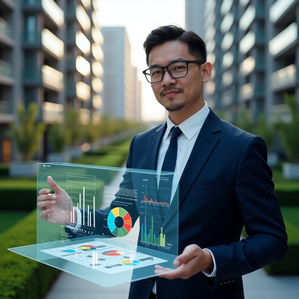 Ultra-realistic condominium manager in a dark blue tailored suit, set in a modern luxury condominium environment with high-rise buildings and manicured green landscaping, holding a transparent holographic floor plan displaying colored pie-chart fractions, analyzing data with a confident, thoughtful expression, cinematic lighting, shallow depth of field, highly detailed textures, realistic skin, photographic realism, 8k resolution --ar 1:1 --v 6