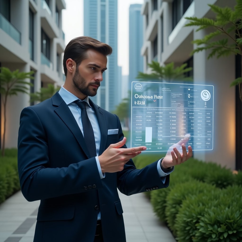 Ultra-realistic condominium manager in a tailored navy suit, set in a modern luxury condominium environment with high-rise buildings and manicured greenery, reviewing a floating holographic budget chart with expense icons and approval stamps, confident and focused expression, cinematic lighting, shallow depth of field, highly detailed textures, realistic skin, photographic realism, 8k resolution --ar 1:1 --v 6