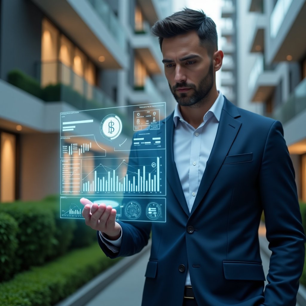 (Ultra-realistic condominium manager in a navy blue suit, set in a modern luxury condominium environment with high-rise buildings and meticulously maintained green landscaping, medium shot of the manager reviewing floating holographic financial charts and budget graphs, with glowing coin and calendar icons symbolizing expense control, confident and focused expression, cinematic lighting, shallow depth of field, highly detailed textures, realistic skin, photographic realism, 8k resolution --ar 1:1 --v 6)