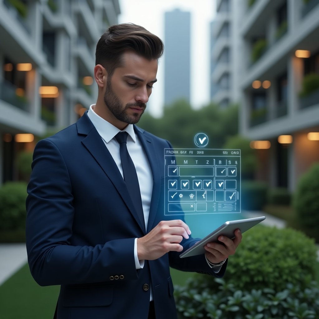 Ultra-realistic condominium manager in a navy executive suit, set in a modern luxury condominium environment with high-rise buildings and meticulously landscaped greenery, reviewing a holographic calendar schedule on a sleek tablet, projecting floating calendar icons and task checkmarks, focused and confident expression, cinematic lighting, shallow depth of field, highly detailed textures, realistic skin, photographic realism, 8k resolution --ar 1:1 --v 6